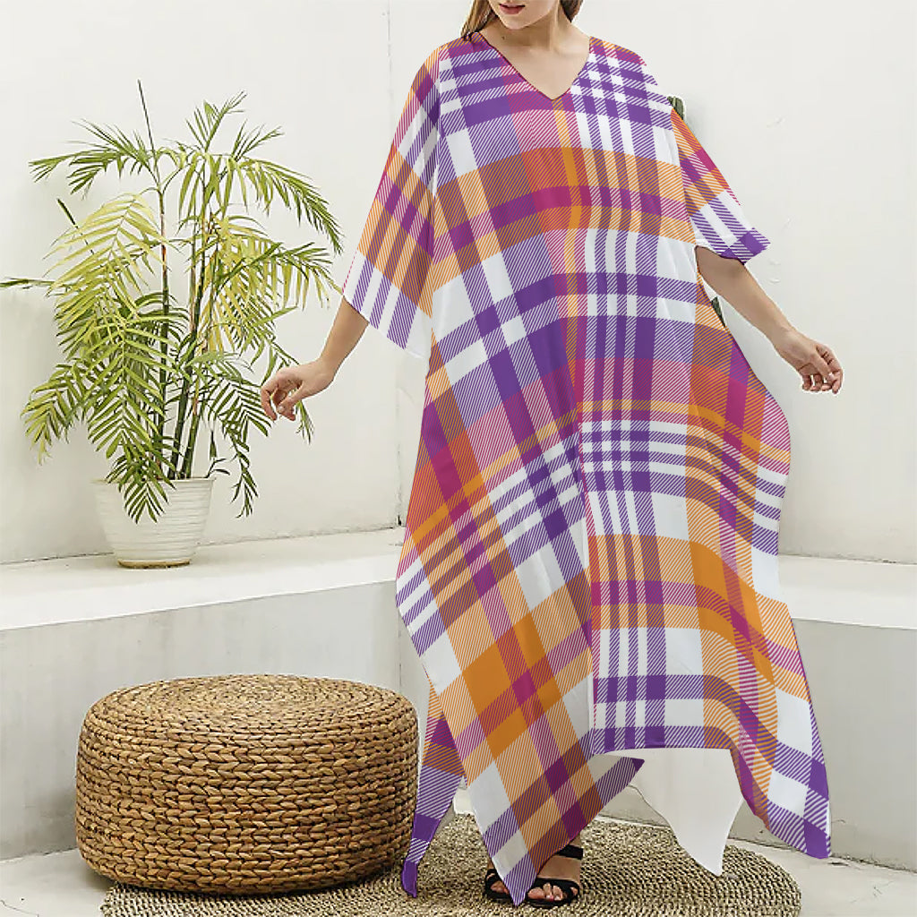 Purple And Orange Madras Plaid Print Silk V-Neck Kaftan Dress