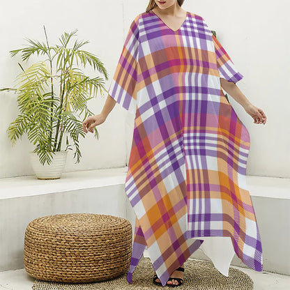 Purple And Orange Madras Plaid Print Silk V-Neck Kaftan Dress