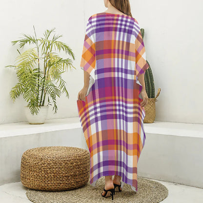 Purple And Orange Madras Plaid Print Silk V-Neck Kaftan Dress