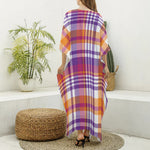 Purple And Orange Madras Plaid Print Silk V-Neck Kaftan Dress