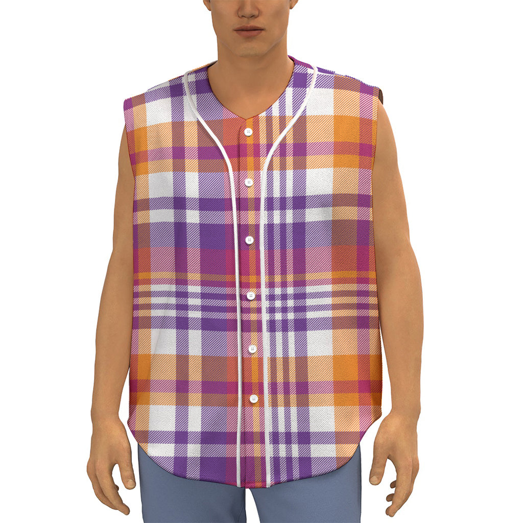 Purple And Orange Madras Plaid Print Sleeveless Baseball Jersey
