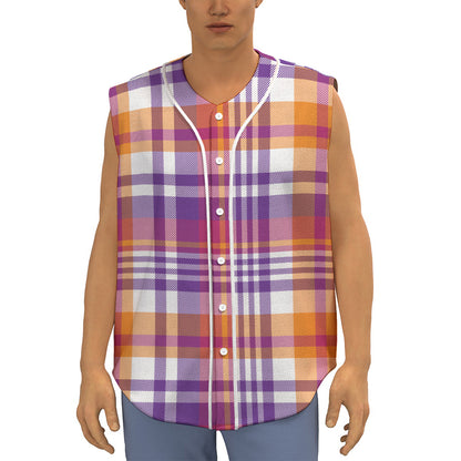 Purple And Orange Madras Plaid Print Sleeveless Baseball Jersey