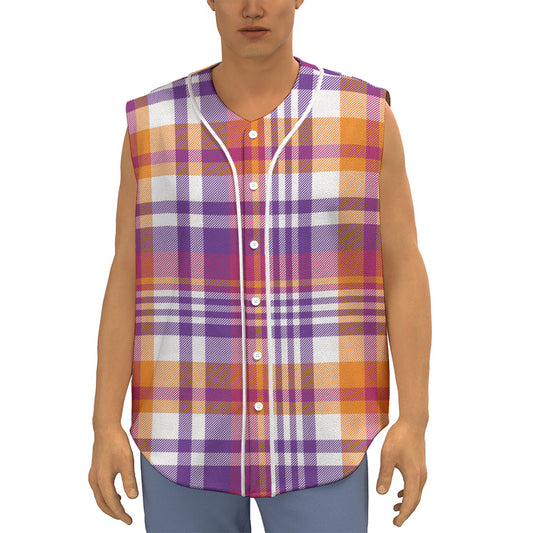 Purple And Orange Madras Plaid Print Sleeveless Baseball Jersey