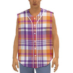 Purple And Orange Madras Plaid Print Sleeveless Baseball Jersey