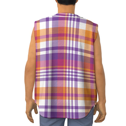Purple And Orange Madras Plaid Print Sleeveless Baseball Jersey