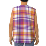 Purple And Orange Madras Plaid Print Sleeveless Baseball Jersey