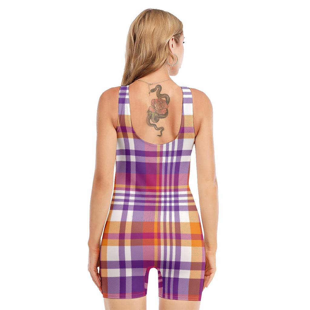 Purple And Orange Madras Plaid Print Sleeveless One Piece Swimsuit