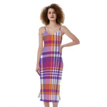 Purple And Orange Madras Plaid Print Slim Fit Midi Cami Dress