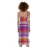 Purple And Orange Madras Plaid Print Slim Fit Midi Cami Dress