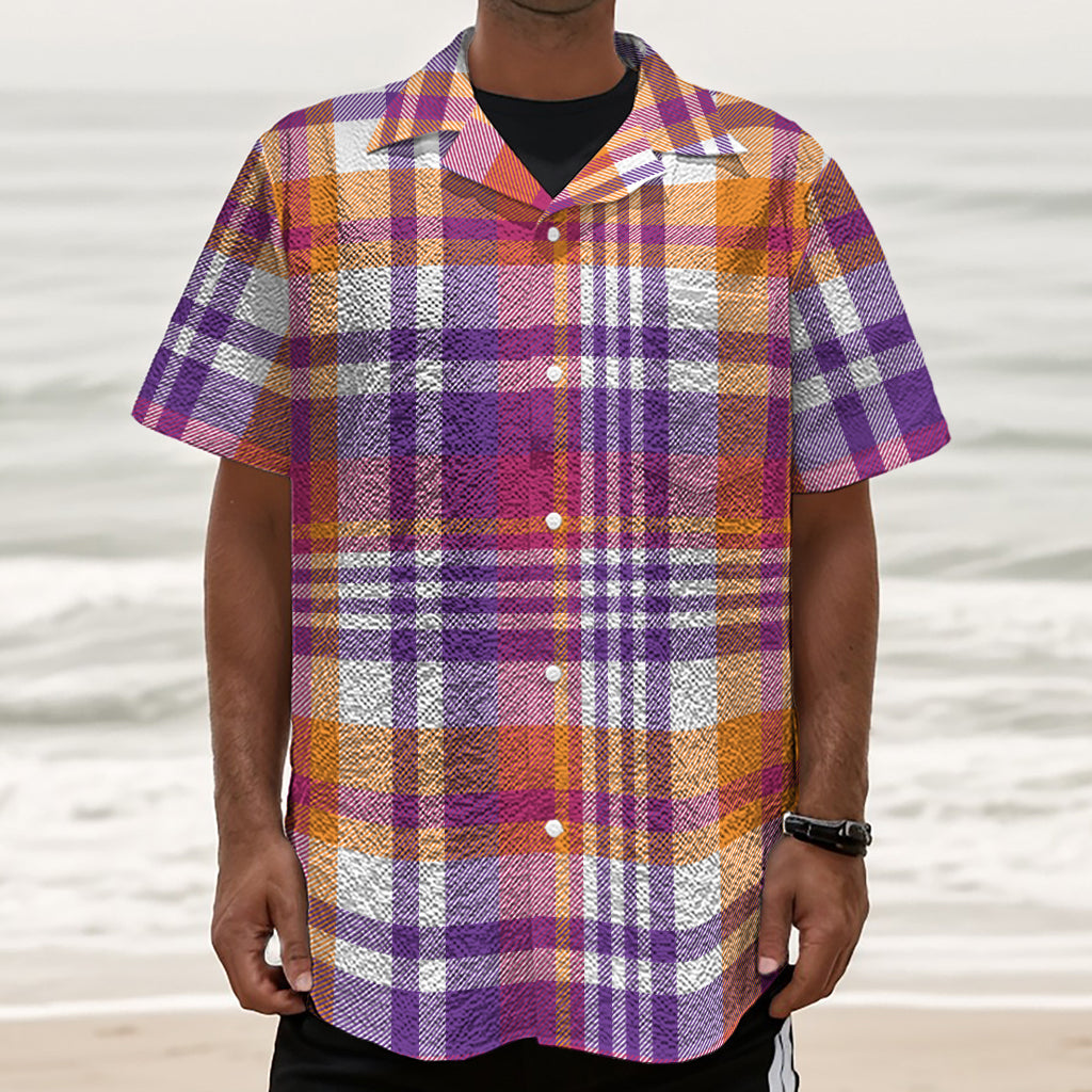 Purple And Orange Madras Plaid Print Textured Short Sleeve Shirt