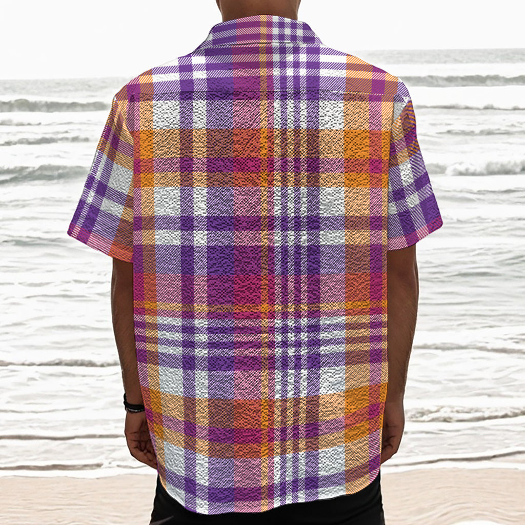 Purple And Orange Madras Plaid Print Textured Short Sleeve Shirt