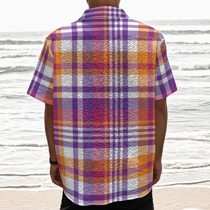 Purple And Orange Madras Plaid Print Textured Short Sleeve Shirt