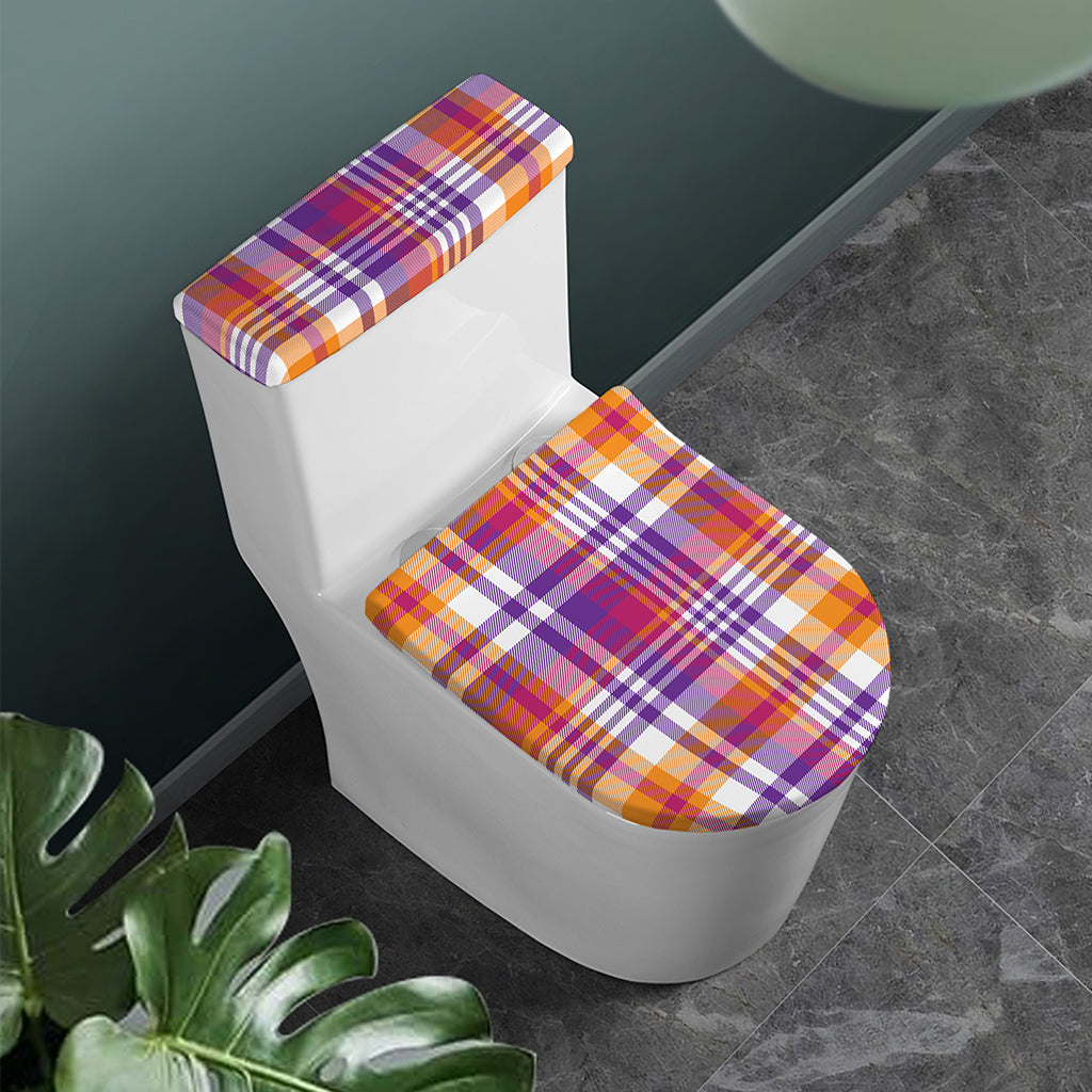 Purple And Orange Madras Plaid Print Toilet Lid And Tank Cover Set