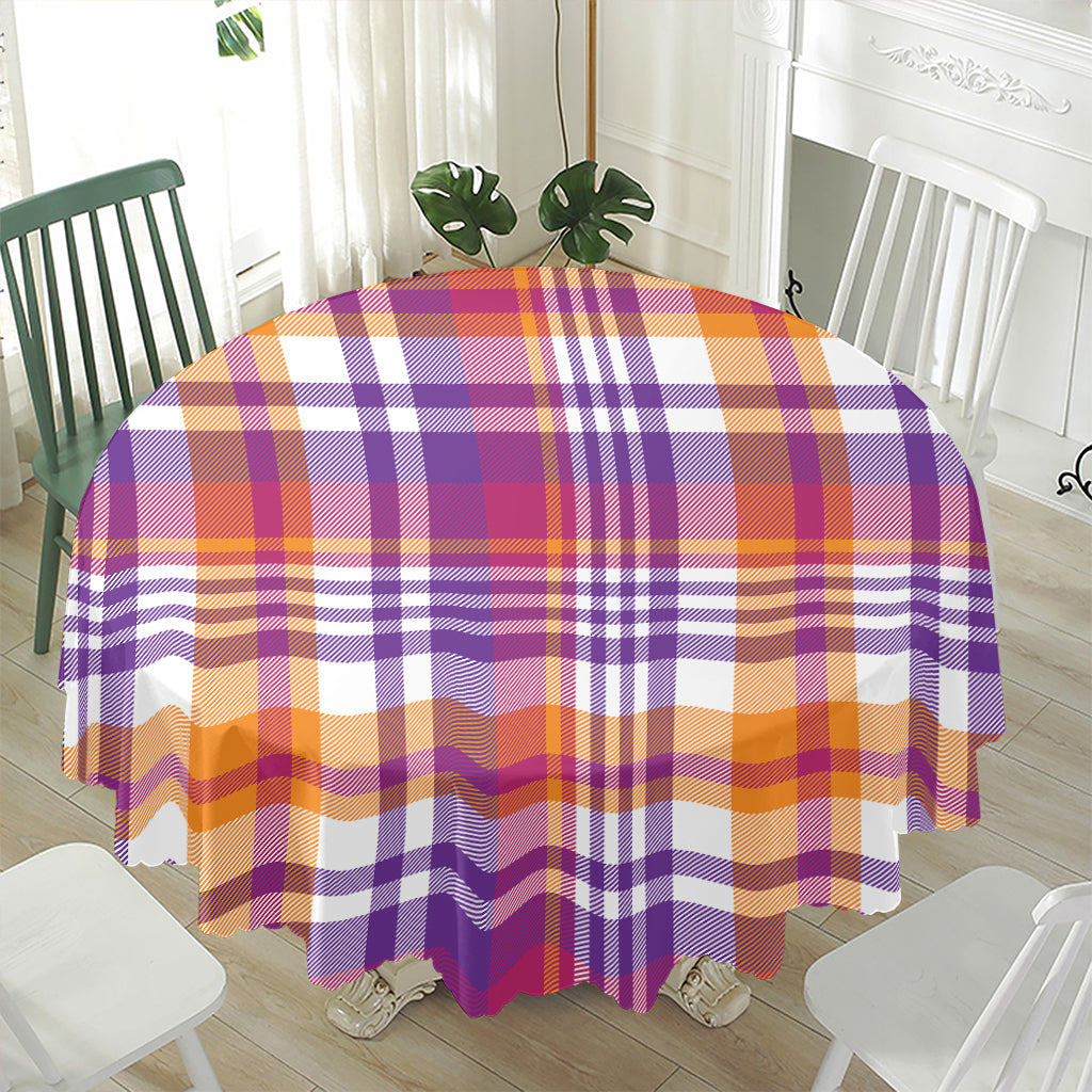 Purple And Orange Madras Plaid Print Waterproof Round Tablecloth