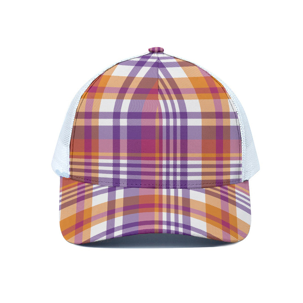 Purple And Orange Madras Plaid Print White Mesh Trucker Cap