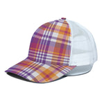 Purple And Orange Madras Plaid Print White Mesh Trucker Cap