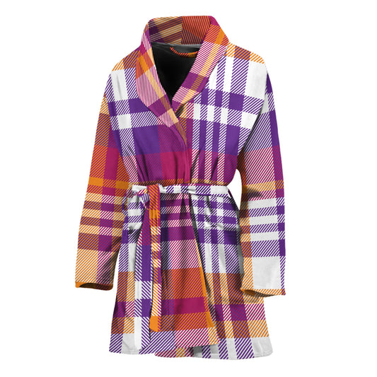 Purple And Orange Madras Plaid Print Women's Bathrobe