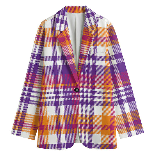 Purple And Orange Madras Plaid Print Women's Blazer