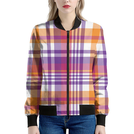 Purple And Orange Madras Plaid Print Women's Bomber Jacket