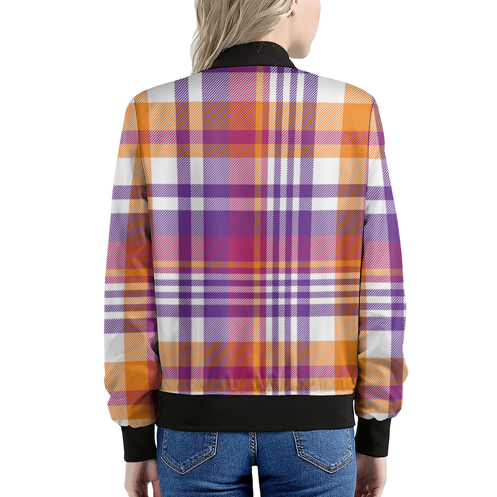 Purple And Orange Madras Plaid Print Women's Bomber Jacket