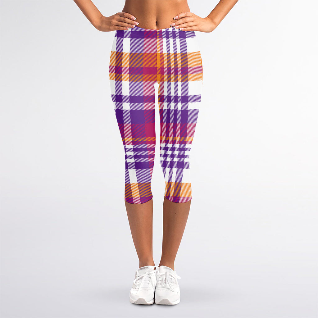 Purple And Orange Madras Plaid Print Women's Capri Leggings