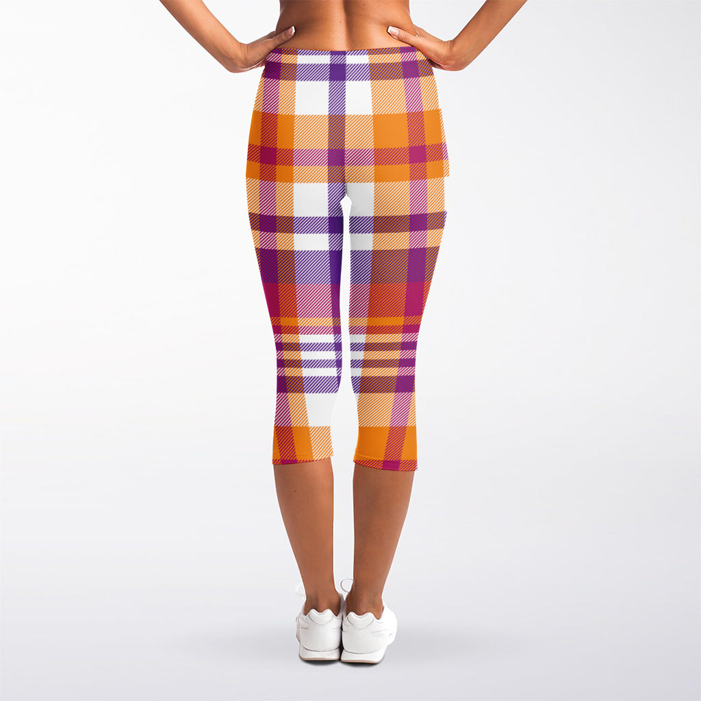 Purple And Orange Madras Plaid Print Women's Capri Leggings