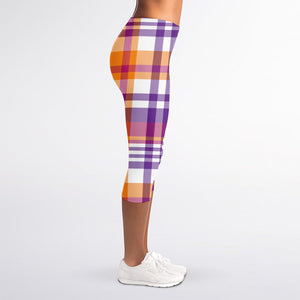 Purple And Orange Madras Plaid Print Women's Capri Leggings