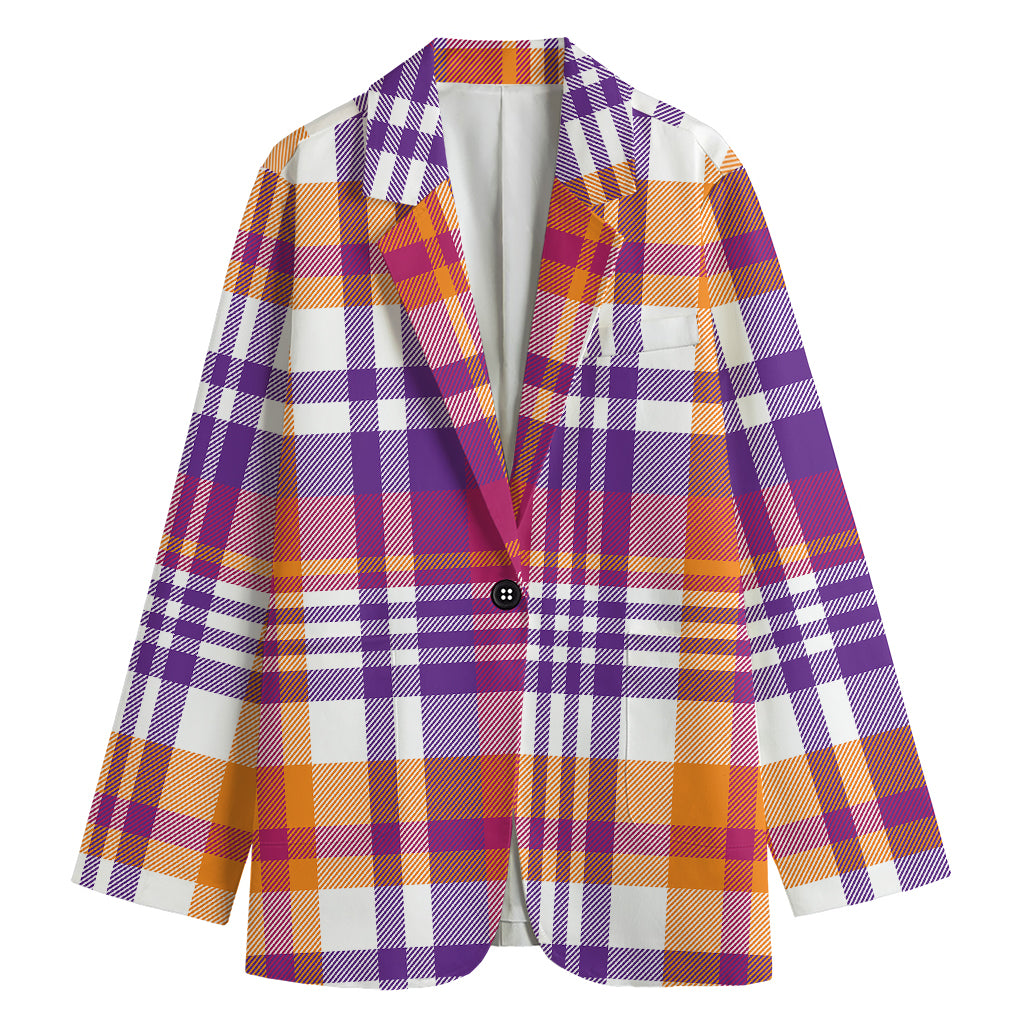 Purple And Orange Madras Plaid Print Women's Cotton Blazer