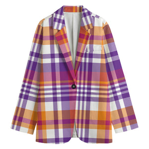 Purple And Orange Madras Plaid Print Women's Cotton Blazer