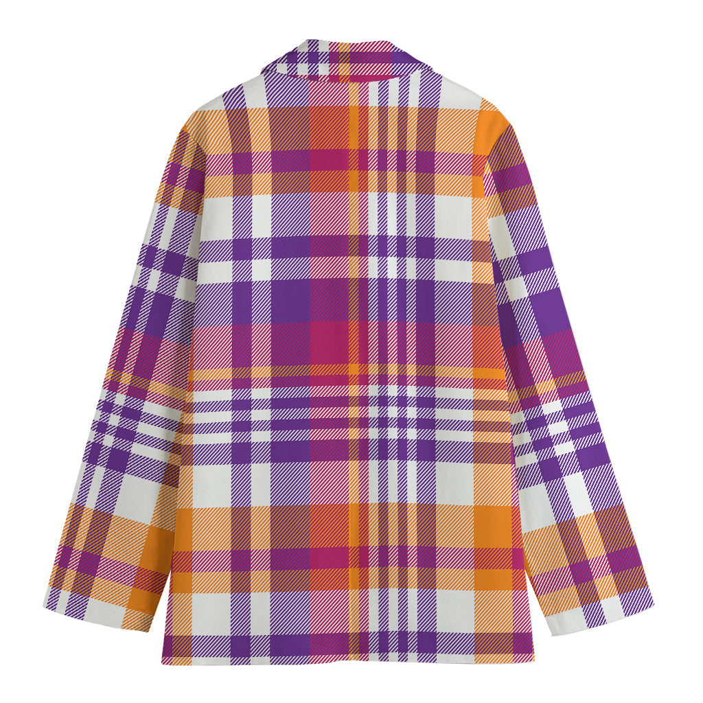 Purple And Orange Madras Plaid Print Women's Cotton Blazer