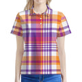 Purple And Orange Madras Plaid Print Women's Polo Shirt