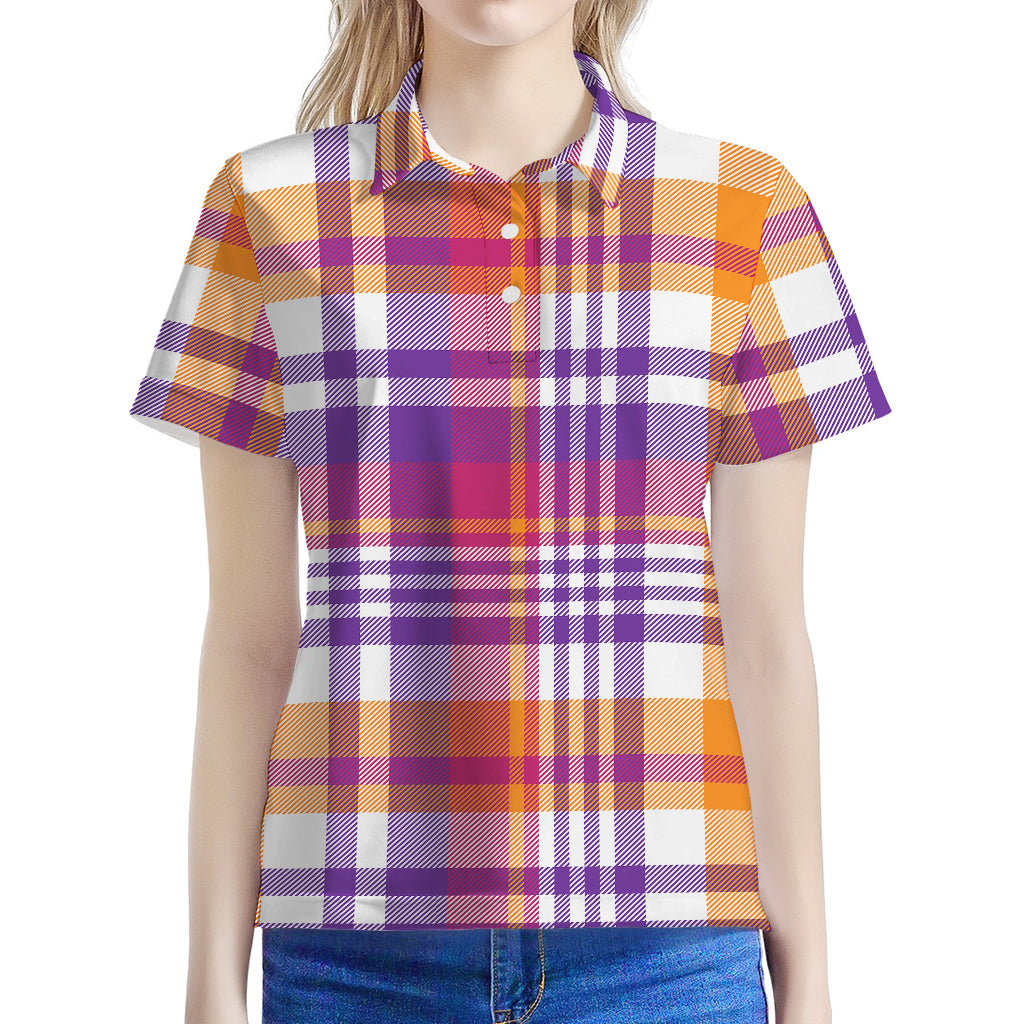 Purple And Orange Madras Plaid Print Women's Polo Shirt