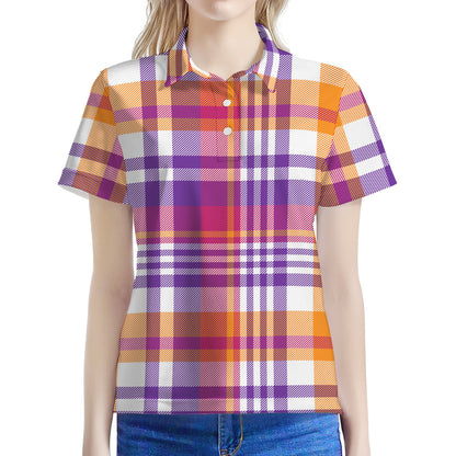 Purple And Orange Madras Plaid Print Women's Polo Shirt