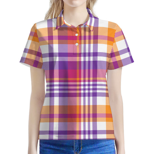 Purple And Orange Madras Plaid Print Women's Polo Shirt