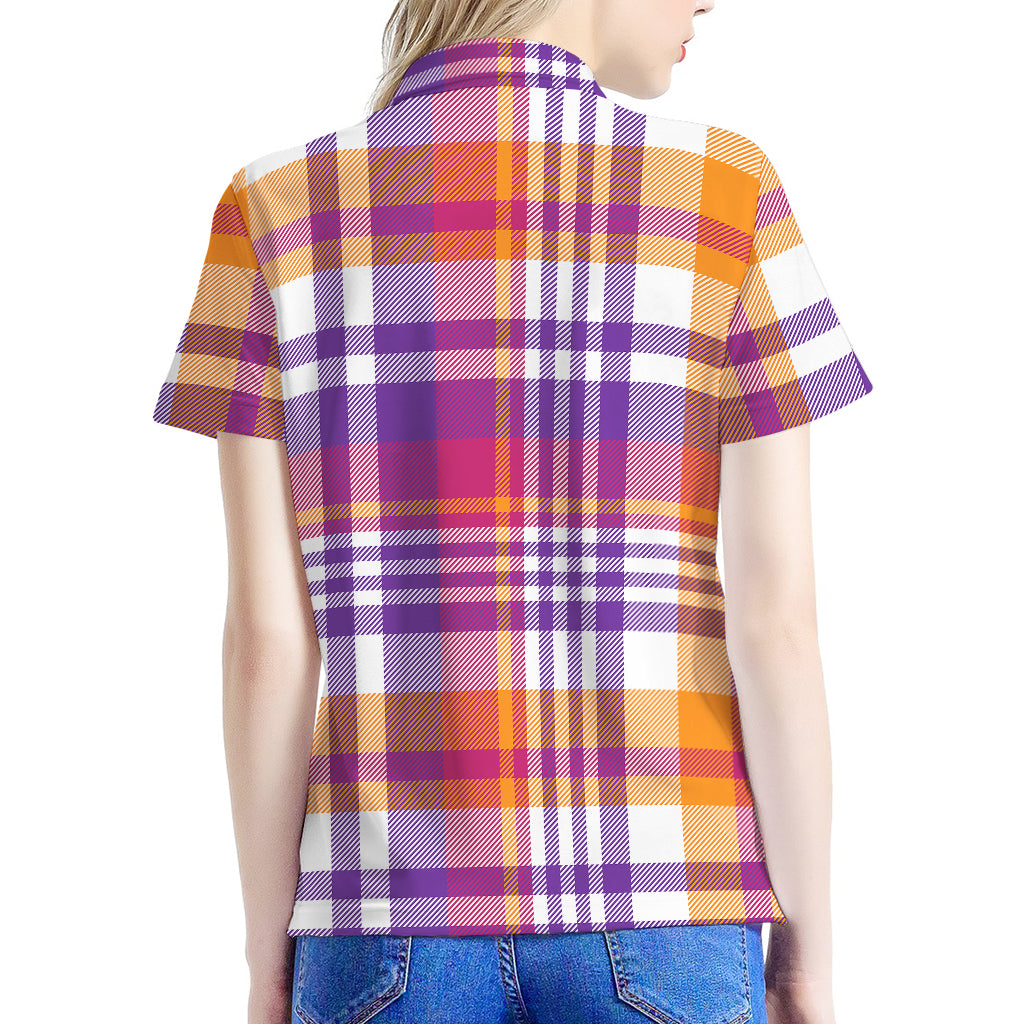 Purple And Orange Madras Plaid Print Women's Polo Shirt