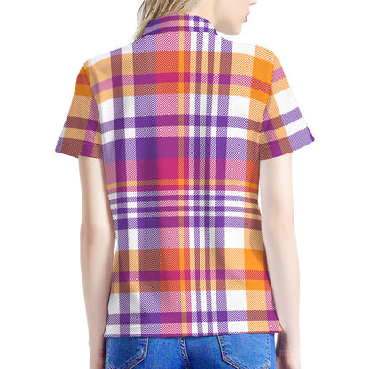 Purple And Orange Madras Plaid Print Women's Polo Shirt