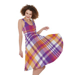 Purple And Orange Madras Plaid Print Women's Sleeveless Dress