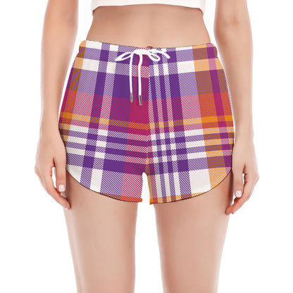 Purple And Orange Madras Plaid Print Women's Split Running Shorts