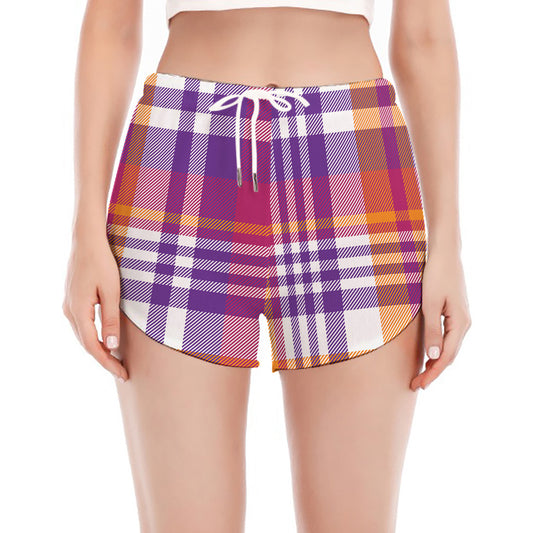 Purple And Orange Madras Plaid Print Women's Split Running Shorts
