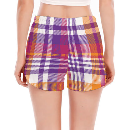 Purple And Orange Madras Plaid Print Women's Split Running Shorts