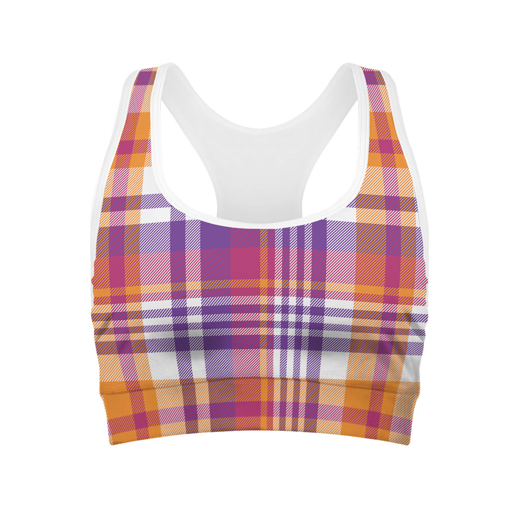 Purple And Orange Madras Plaid Print Women's Sports Bra