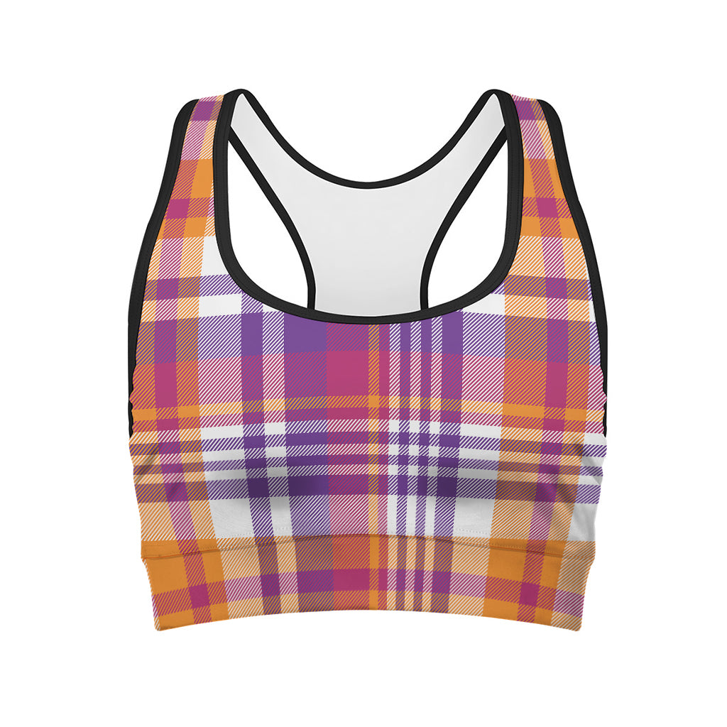 Purple And Orange Madras Plaid Print Women's Sports Bra