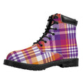 Purple And Orange Madras Plaid Print Padded Collar Lace Up Boots