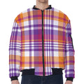 Purple And Orange Madras Plaid Print Zip Sleeve Bomber Jacket
