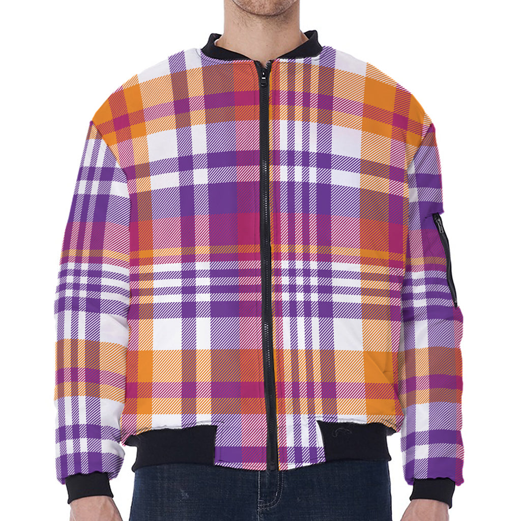 Purple And Orange Madras Plaid Print Zip Sleeve Bomber Jacket