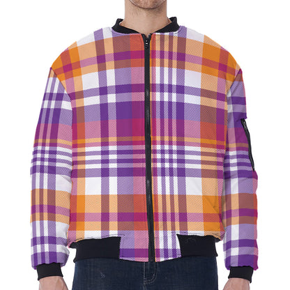 Purple And Orange Madras Plaid Print Zip Sleeve Bomber Jacket