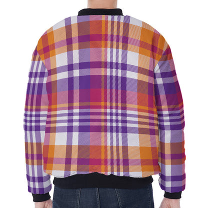 Purple And Orange Madras Plaid Print Zip Sleeve Bomber Jacket