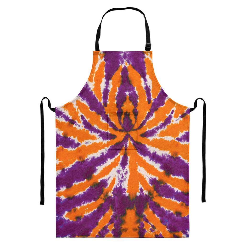 Purple And Orange Spider Tie Dye Print Bib Apron With Pocket