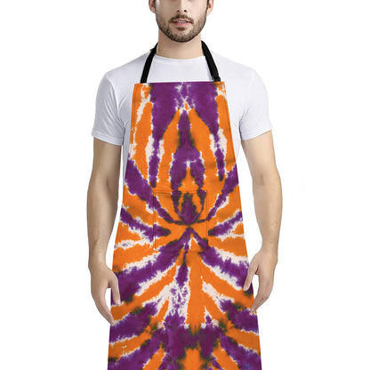 Purple And Orange Spider Tie Dye Print Bib Apron With Pocket