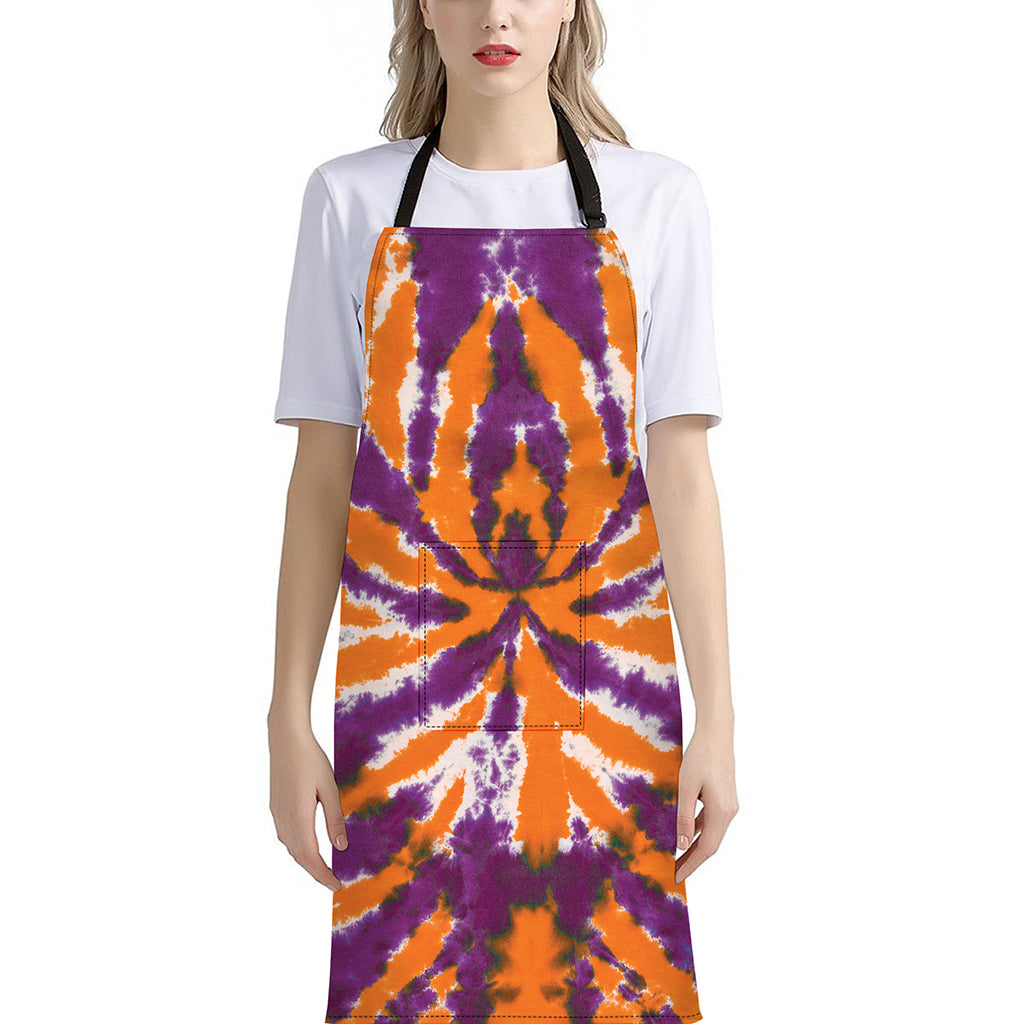 Purple And Orange Spider Tie Dye Print Bib Apron With Pocket